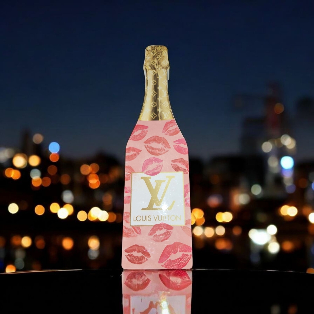 NWT Luxury Inspired Pink and Gold Lip Print Champagne Bottle Art Piece